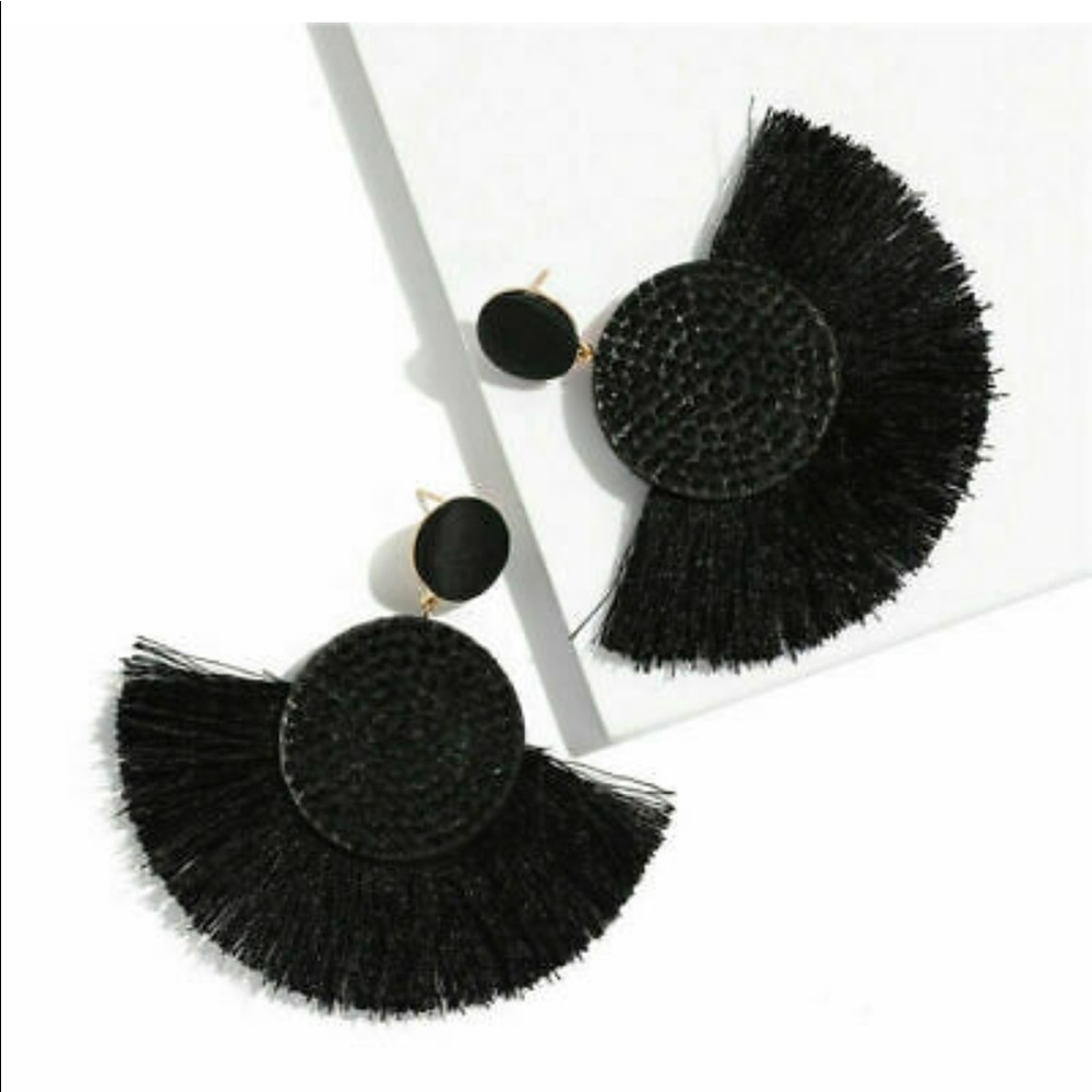 Post Drop Crystal Center Black Fan Fringe Earrings - Picture 9 of 9